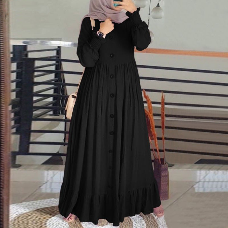 New cotton linen literary retro leisure loose large size round neck frill dress