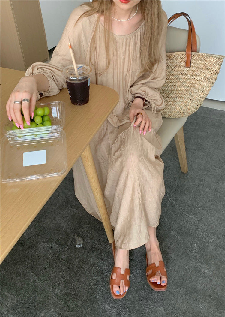 Spring and Autumn Long Sleeve Tie Linen Loose Dress Milk Tea Medium Long Dress