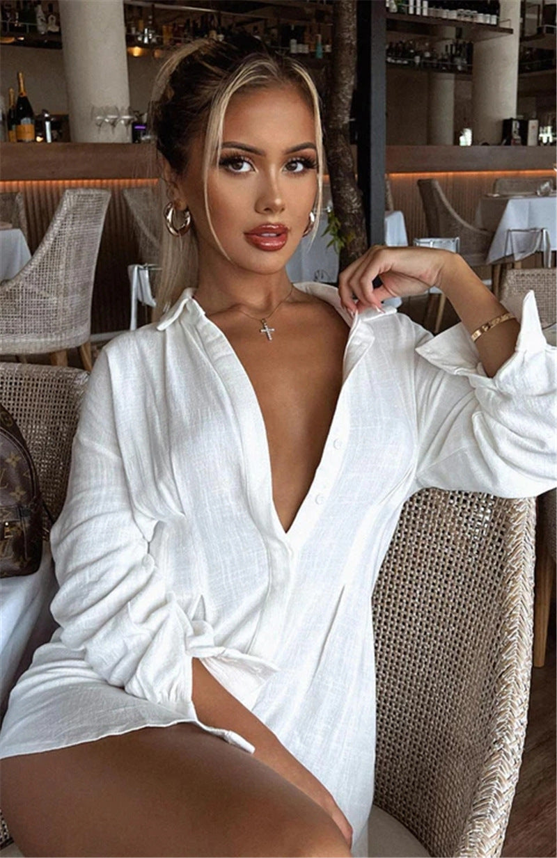 Hot Women's Solid Color Shirt Neck Waisted Sexy Dresses