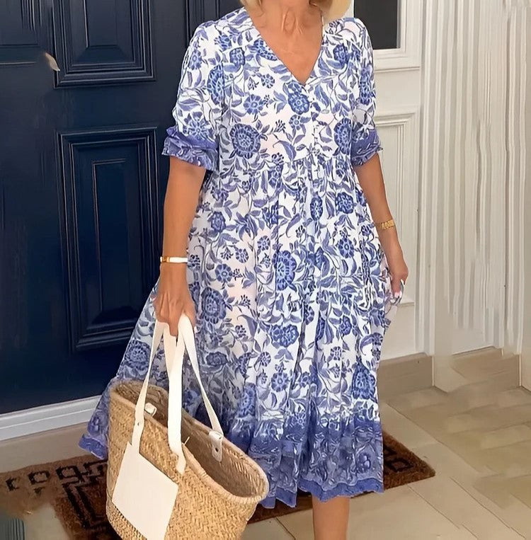 Temperament Elegant Long Loose Floral Dress Women's V-Neck Printed Large Size Dresses