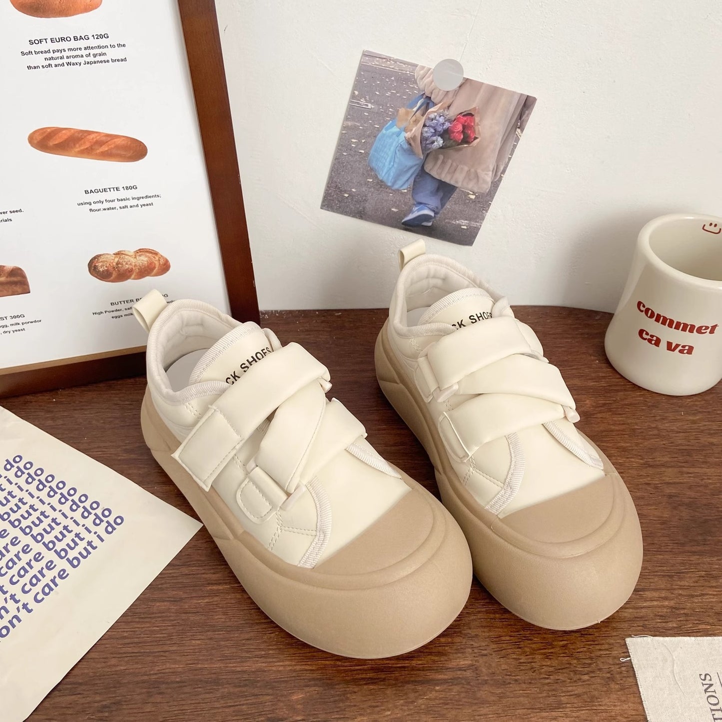 Cream velcro white shoes women