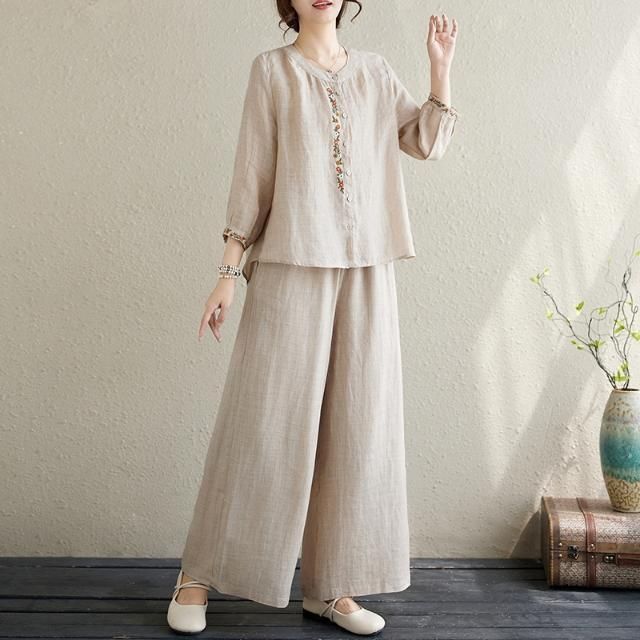 Summer fashion big size shirt wide leg trousers linen two-piece summer