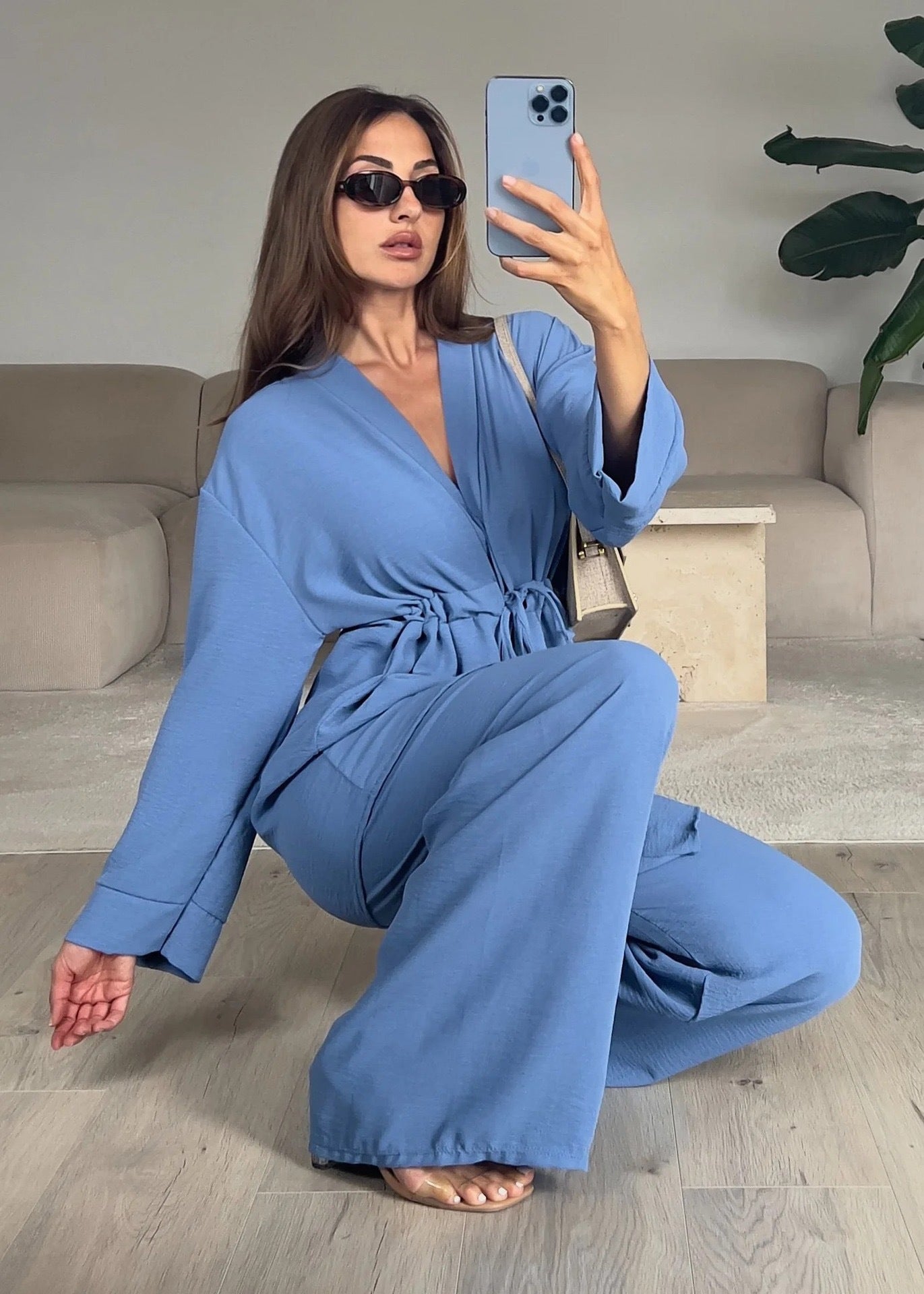 Long Sleeve Lace-Up Top Lounge Pants Set Comfortable Two Piece Set