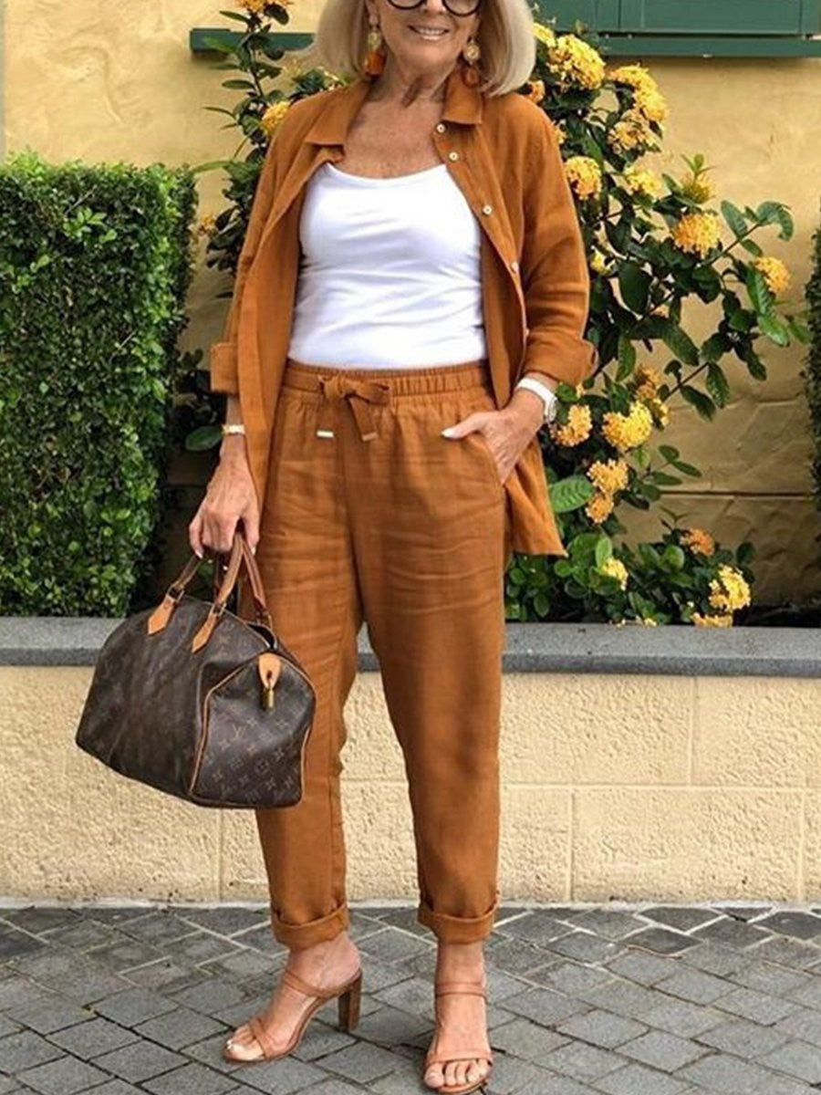 (Any two items 25% off ) Casual cotton-linen jacket and loose-fitting trousers set