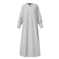 New Artistic Style Cotton And Linen Striped Round Neck Long Sleeve Slip Bag Simple Loose Long Pullover Dress