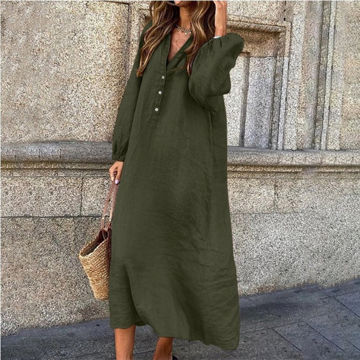 New Cotton Linen Solid Colour Long Sleeve V-Neck Button Long Dress