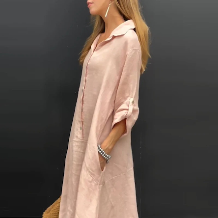 Pocket Shirt Neck Cotton Linen Blend Plus Size Dress