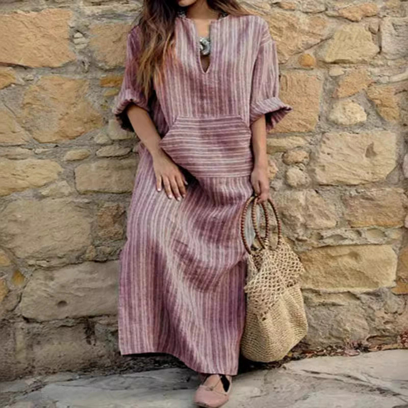 New Cotton Linen Color Weave Stripe Loose Dress