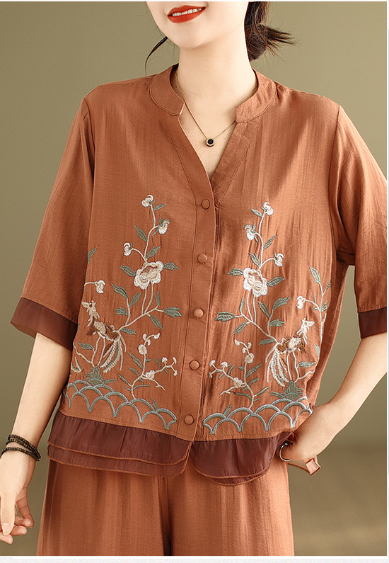 2025 Summer Cotton Linen Small Standing Collar Embroidered Top + Wide Leg Pants Loose Fashion Two Piece Set