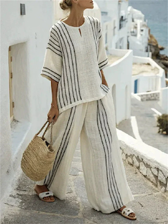 Round Neck Printed Comfortable Striped T-Shirt Wide Leg Pants Suit