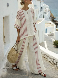 Round Neck Printed Comfortable Striped T-Shirt Wide Leg Pants Suit