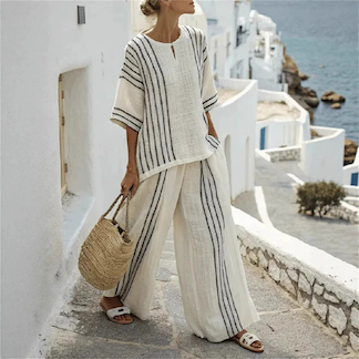 Round Neck Printed Comfortable Striped T-Shirt Wide Leg Pants Suit