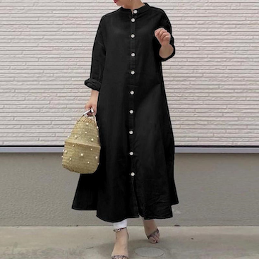 New literary style temperament pure colour casual stand-up collar cardigan long sleeve shirt dress
