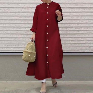 New literary style temperament pure colour casual stand-up collar cardigan long sleeve shirt dress
