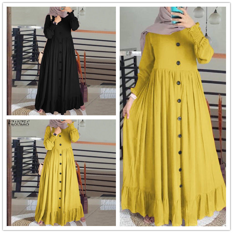 New cotton linen literary retro leisure loose large size round neck frill dress