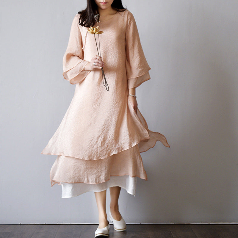 Original Women's Clothing Cotton And Linen Artistic Double Layer Dress Retro Mori Girl Style Zen Modified Hanfu Long Dress For Summer Dress