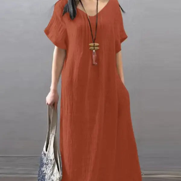 V-neck cotton linen loose casual solid colour pocket dress