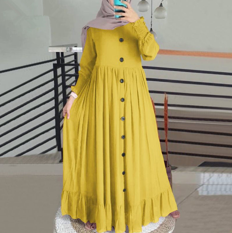 New cotton linen literary retro leisure loose large size round neck frill dress