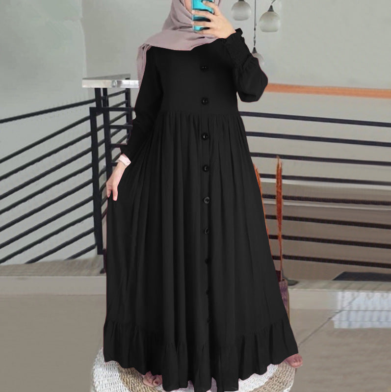 New cotton linen literary retro leisure loose large size round neck frill dress