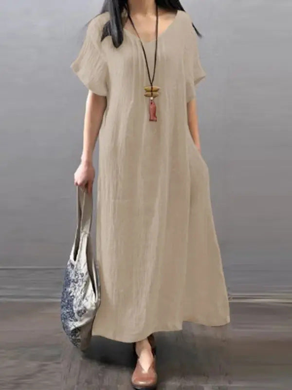 V-neck cotton linen loose casual solid colour pocket dress