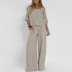 Casual Fashion Pocket Trousers Beach Suit Spring And Summer Short-sleeved Top Pullover Suit Women's Cotton And Linen Solid Color Two Pieces
