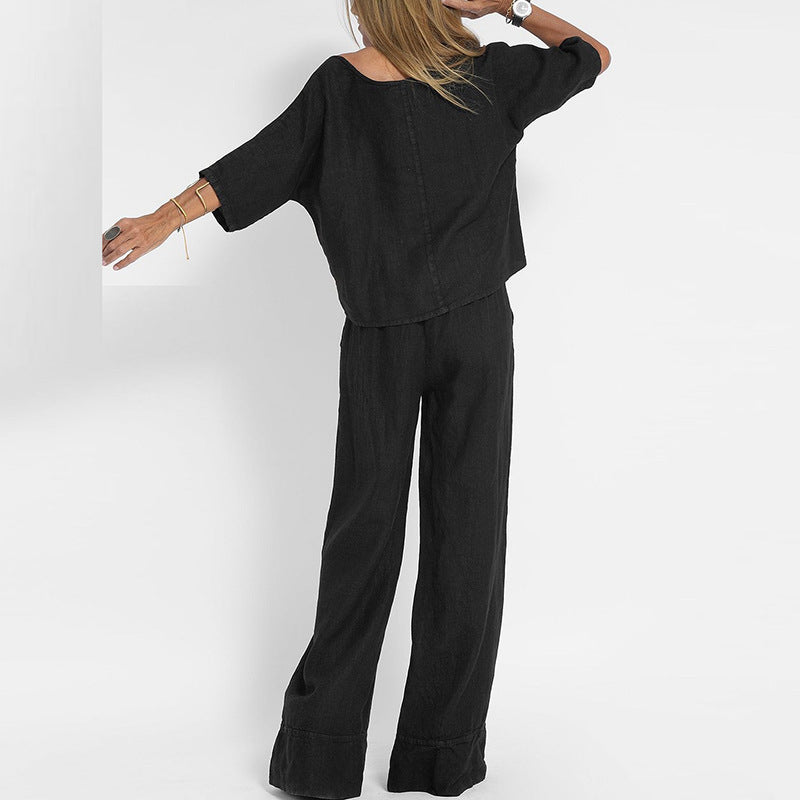 Casual Fashion Pocket Trousers Beach Suit Spring And Summer Short-sleeved Top Pullover Suit Women's Cotton And Linen Solid Color Two Pieces