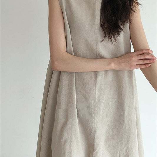 (25% Off Any Two Items) chic style loose hem sleeveless pumpkin long cotton linen dress