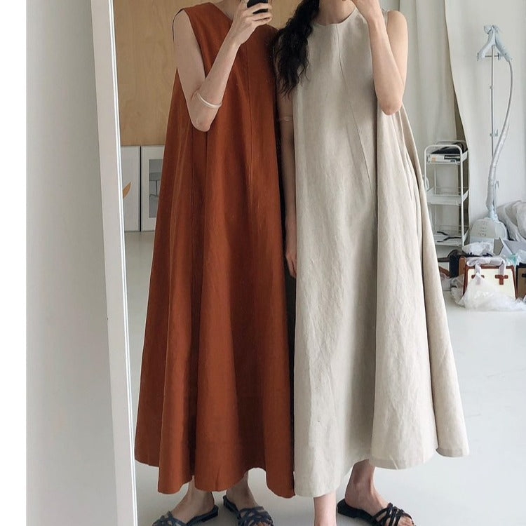 (25% Off Any Two Items) chic style loose hem sleeveless pumpkin long cotton linen dress