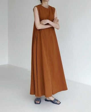 (25% Off Any Two Items) chic style loose hem sleeveless pumpkin long cotton linen dress