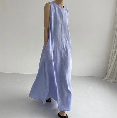 (25% Off Any Two Items) chic style loose hem sleeveless pumpkin long cotton linen dress