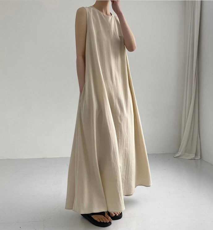 (25% Off Any Two Items) chic style loose hem sleeveless pumpkin long cotton linen dress