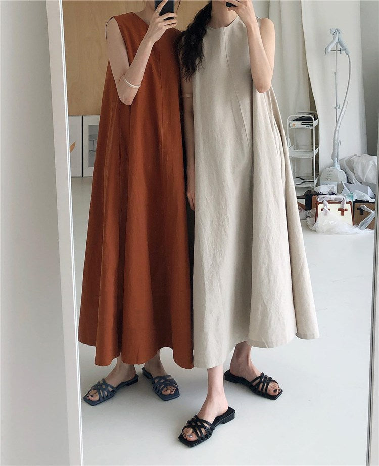 (25% Off Any Two Items) chic style loose hem sleeveless pumpkin long cotton linen dress
