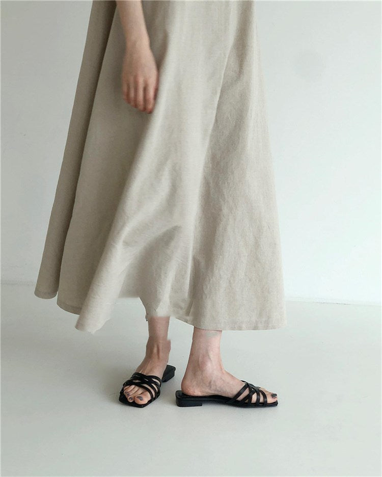 (25% Off Any Two Items) chic style loose hem sleeveless pumpkin long cotton linen dress