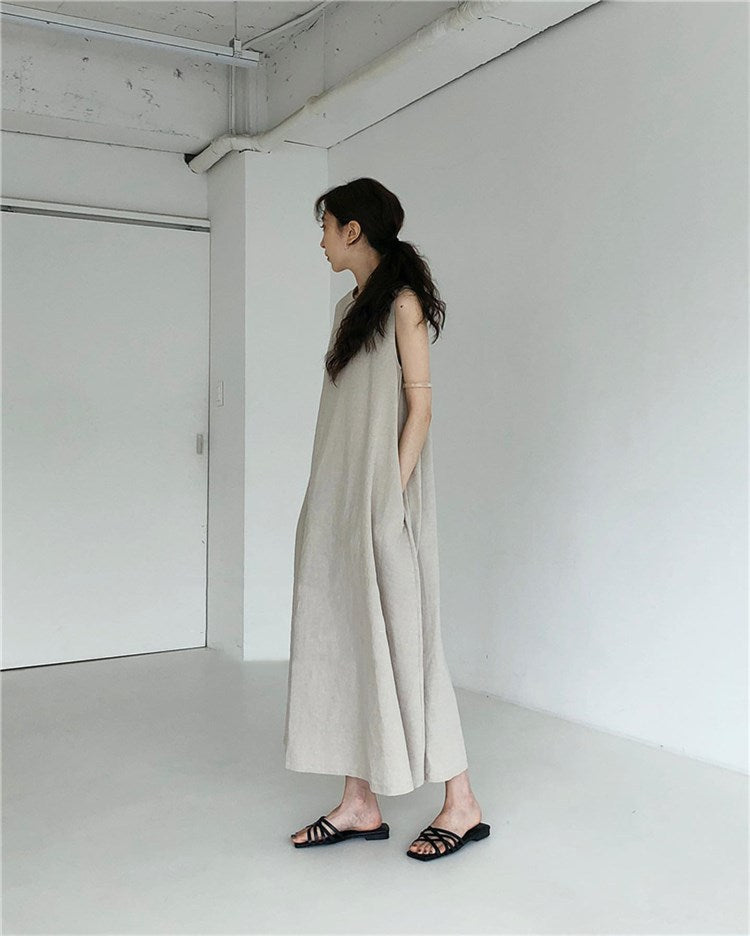 (25% Off Any Two Items) chic style loose hem sleeveless pumpkin long cotton linen dress