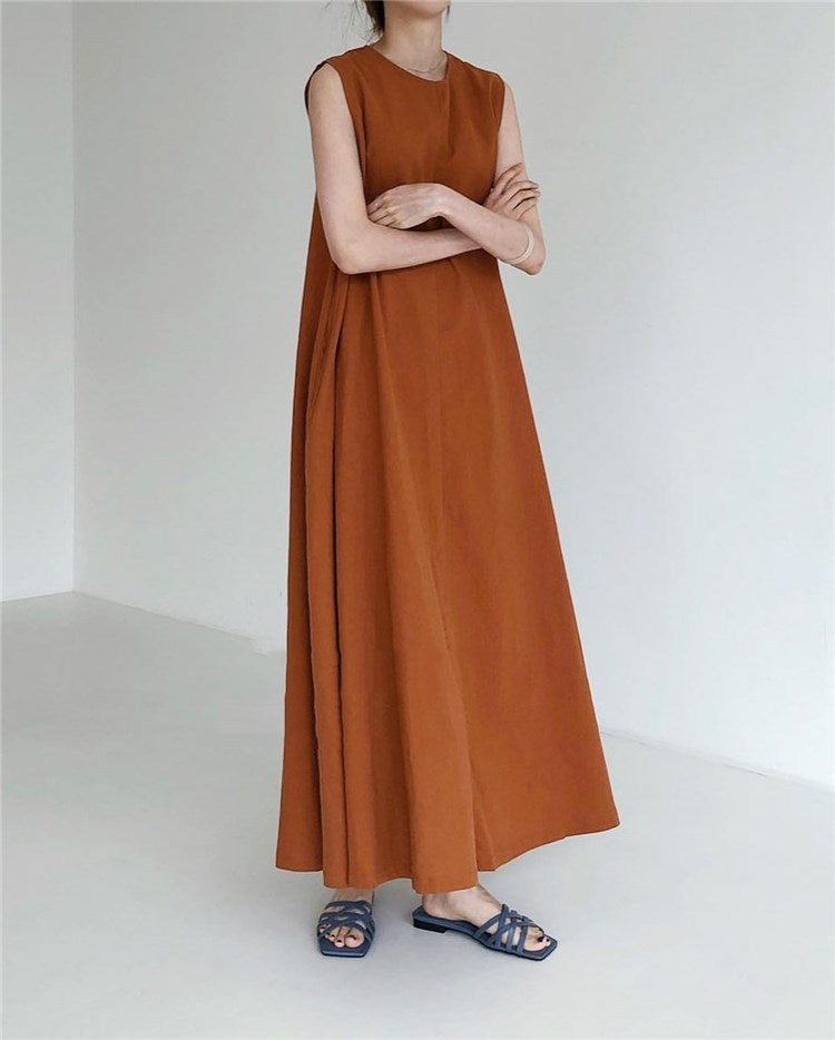 (25% Off Any Two Items) chic style loose hem sleeveless pumpkin long cotton linen dress