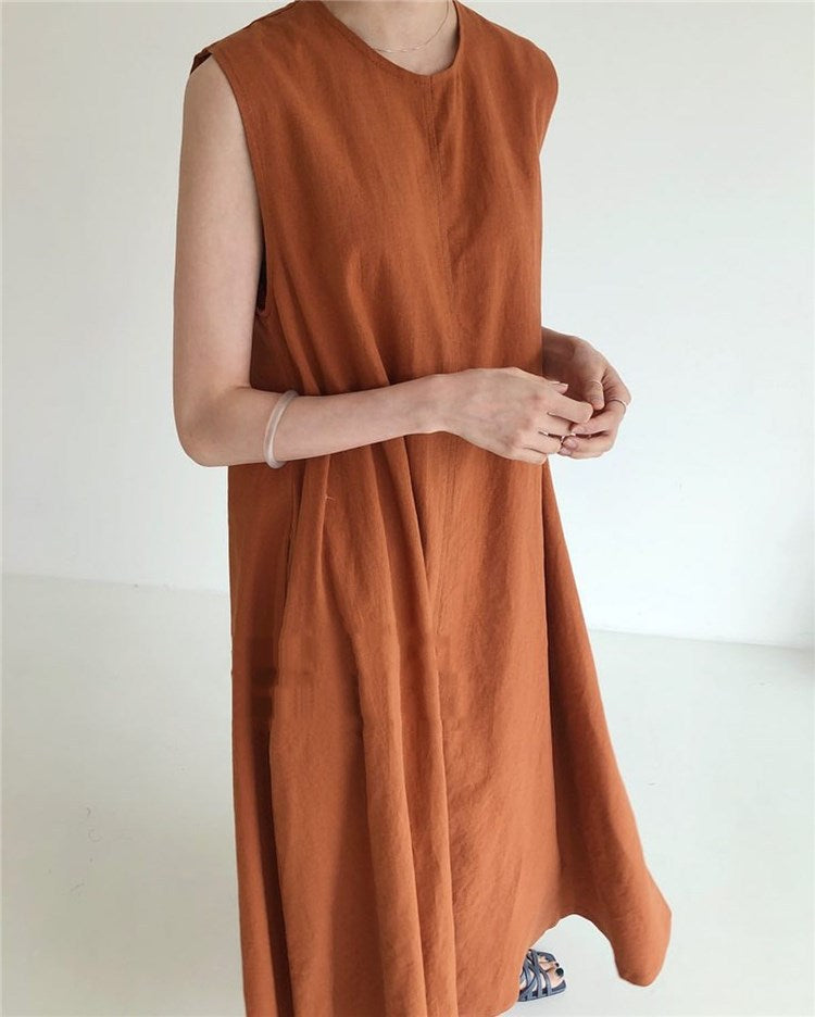 (25% Off Any Two Items) chic style loose hem sleeveless pumpkin long cotton linen dress