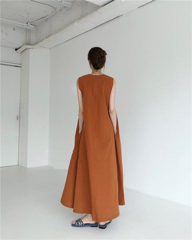 (25% Off Any Two Items) chic style loose hem sleeveless pumpkin long cotton linen dress