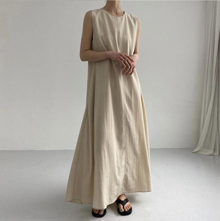 (25% Off Any Two Items) chic style loose hem sleeveless pumpkin long cotton linen dress