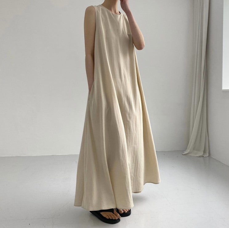(25% Off Any Two Items) chic style loose hem sleeveless pumpkin long cotton linen dress