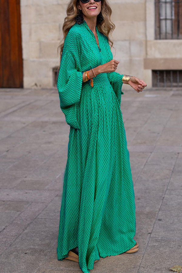 Long Sleeve Loose V-Neck Waisted Swing Dress Women