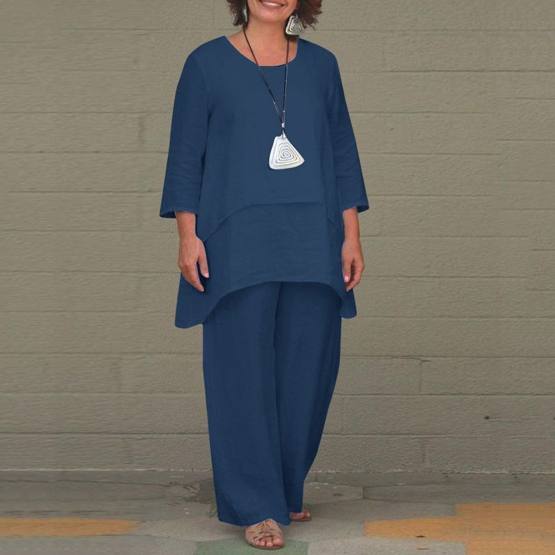 New Women's Cotton Linen Fashion Casual Large Size Irregular Long Sleeve Suit Wide Leg Pants Two Piece Set