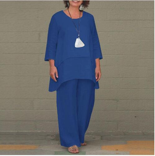 New Women's Cotton Linen Fashion Casual Large Size Irregular Long Sleeve Suit Wide Leg Pants Two Piece Set