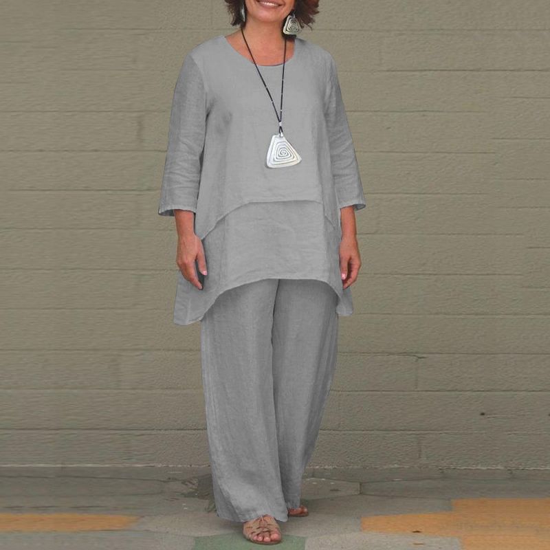 New Women's Cotton Linen Fashion Casual Large Size Irregular Long Sleeve Suit Wide Leg Pants Two Piece Set