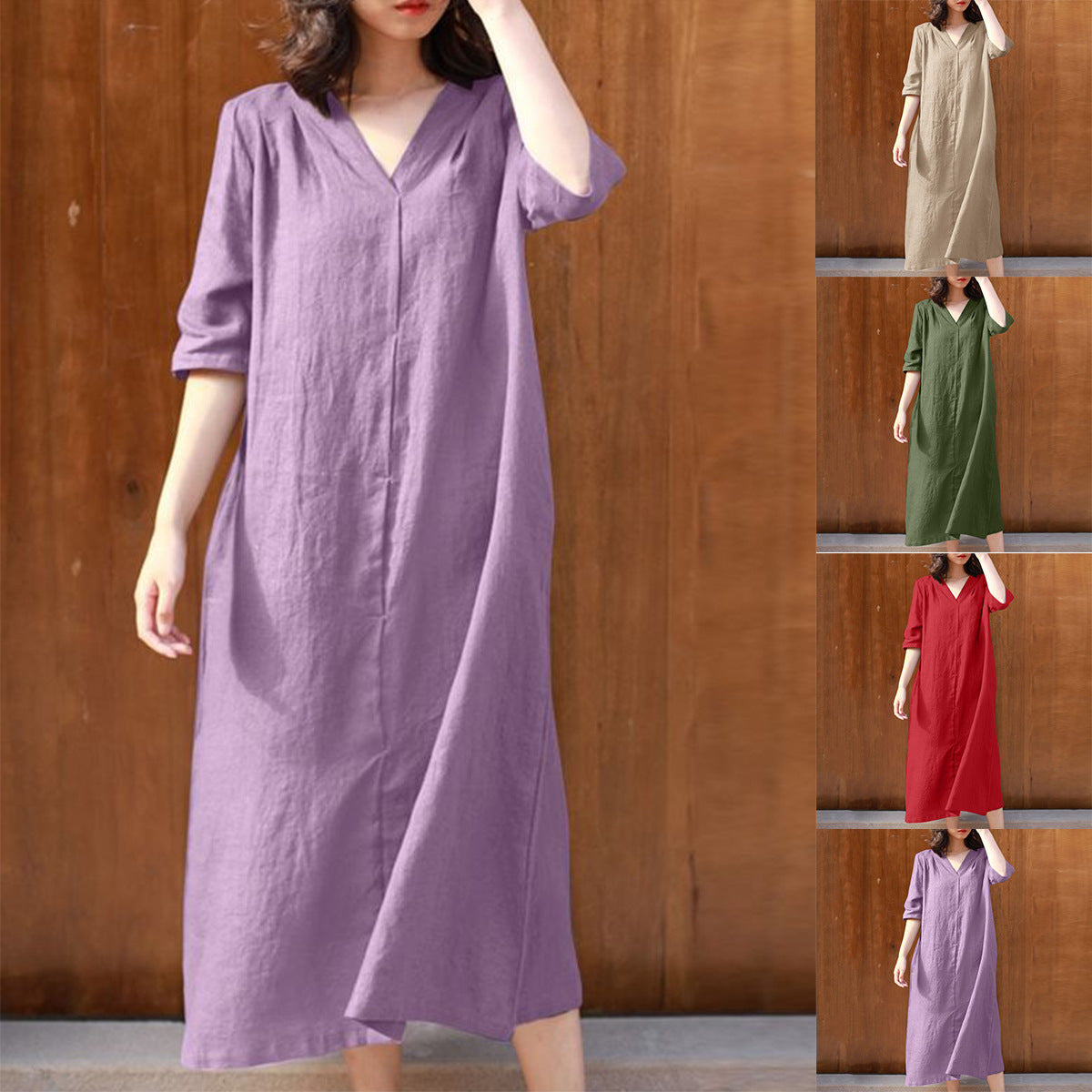 New Women's V-Neck Mid-Sleeve Cotton Dresses