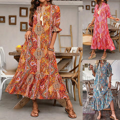 Printed Lace-Up Mid-Sleeve Ruffle Dress