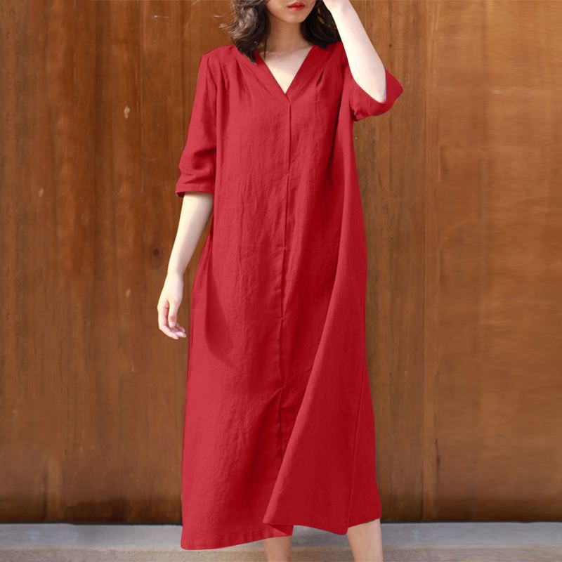 New Women's V-Neck Mid-Sleeve Cotton Dresses
