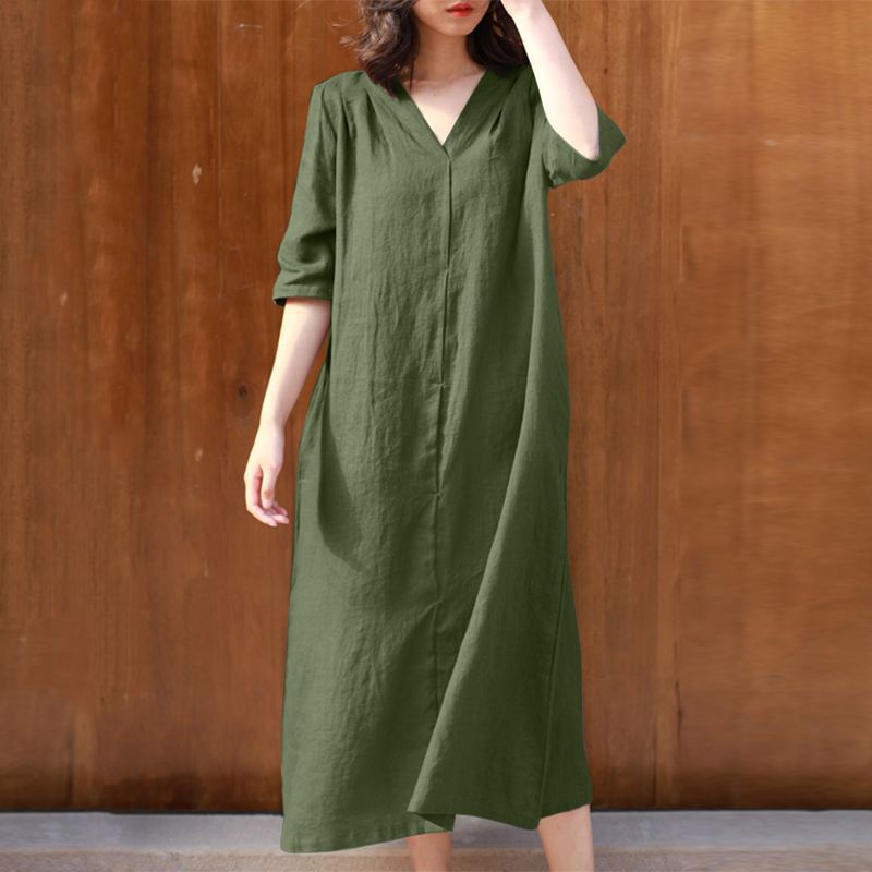 New Women's V-Neck Mid-Sleeve Cotton Dresses