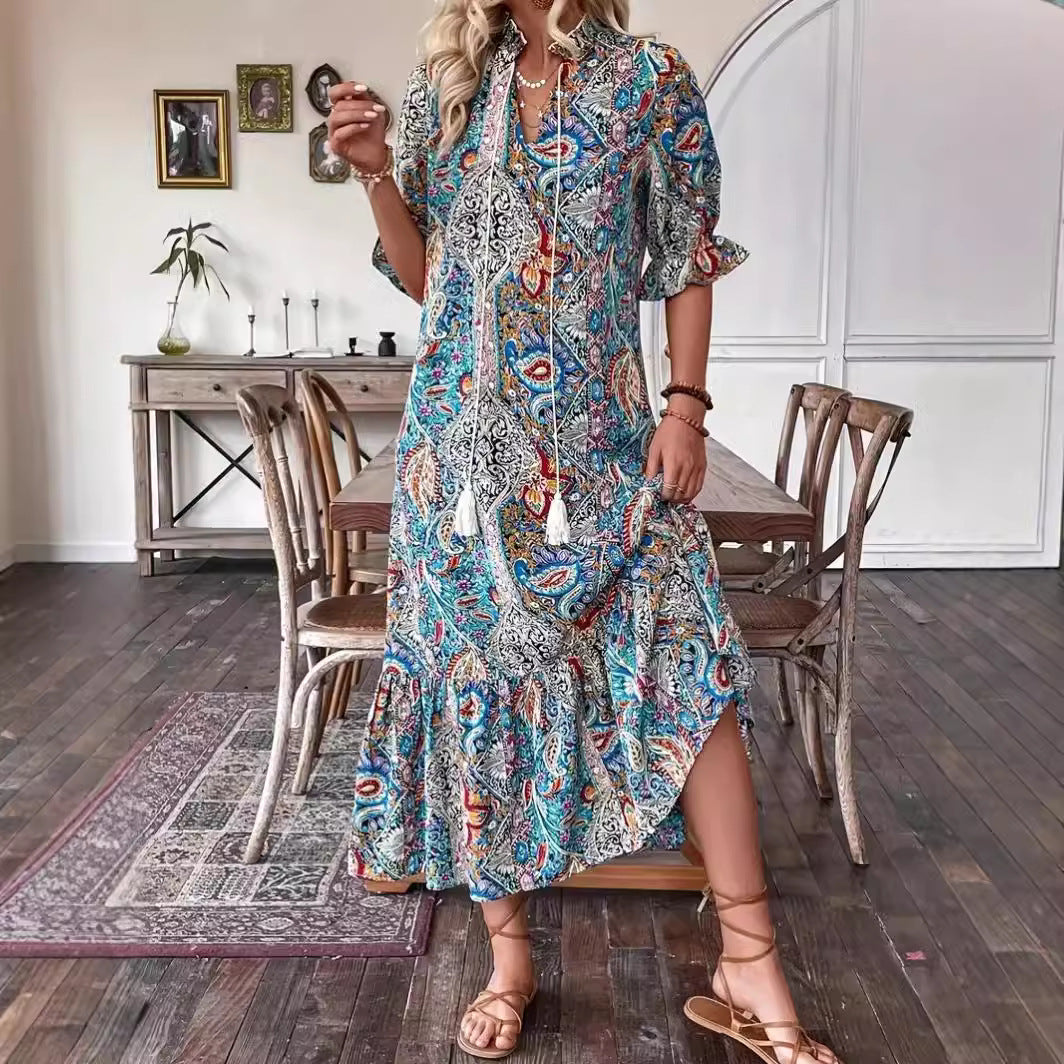 Printed Lace-Up Mid-Sleeve Ruffle Dress