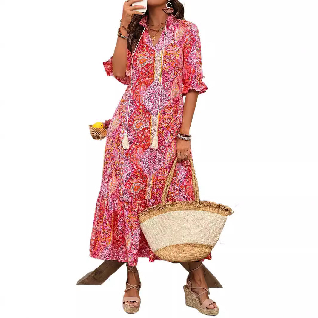 Printed Lace-Up Mid-Sleeve Ruffle Dress