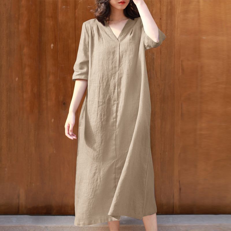 New Women's V-Neck Mid-Sleeve Cotton Dresses